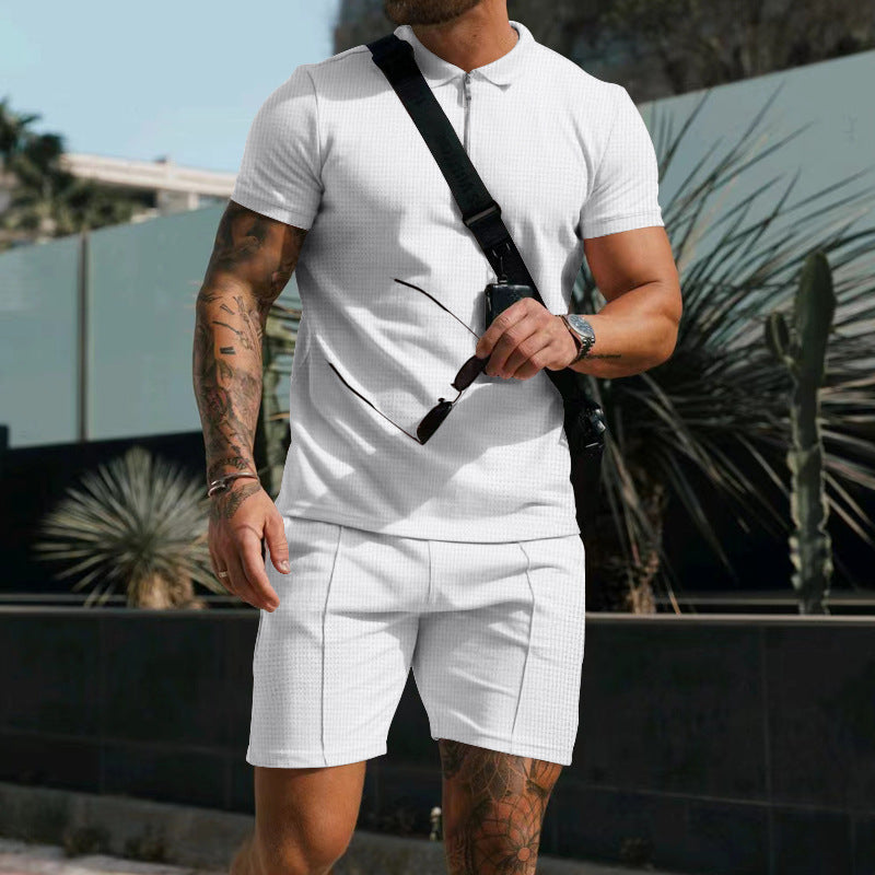 Alessandro Moretti | Textured Zip Polo Short Set For Men