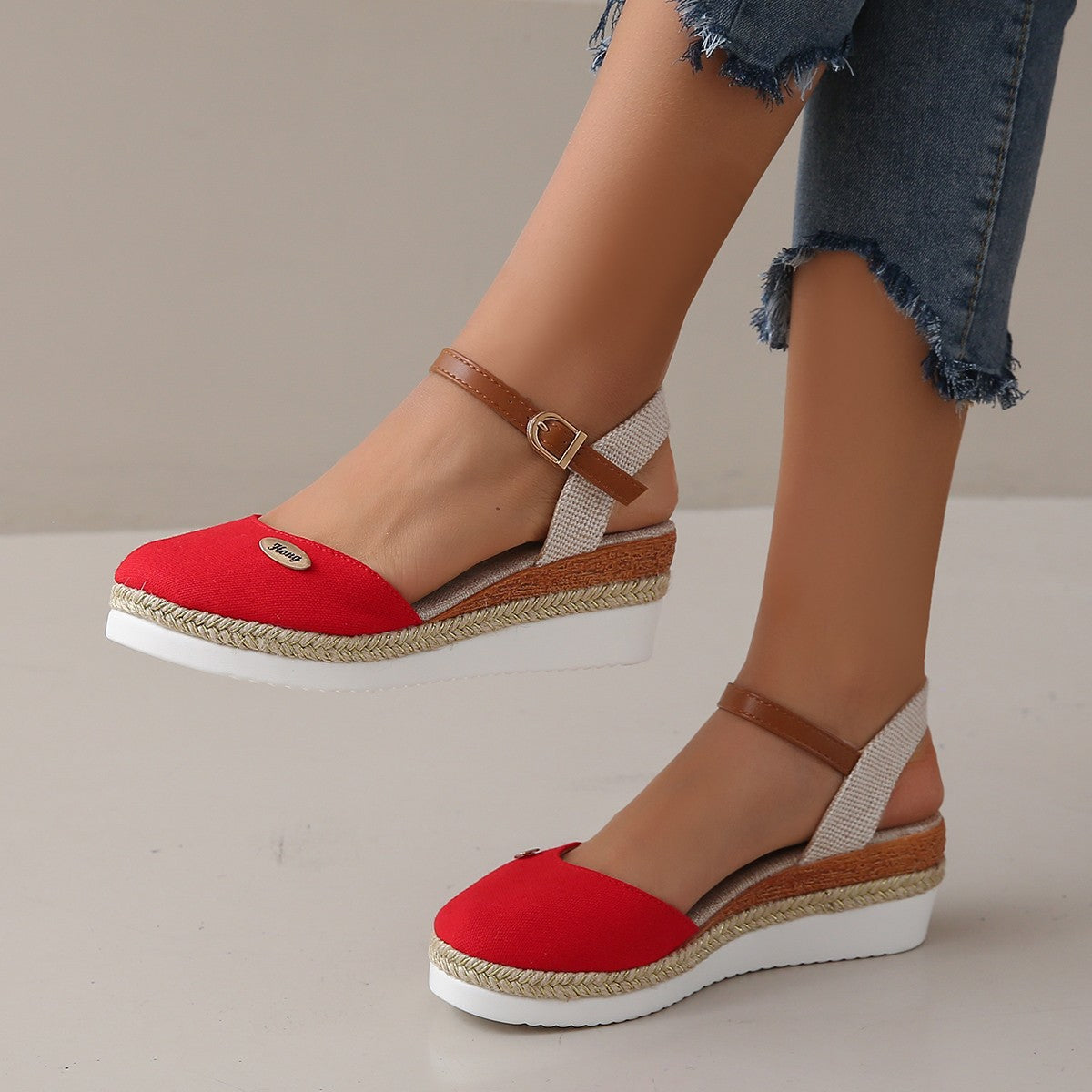 Estelle Marchand | Red Canvas Espadrille Wedge Sandals with Ankle Strap