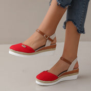 Estelle Marchand | Red Canvas Espadrille Wedge Sandals with Ankle Strap