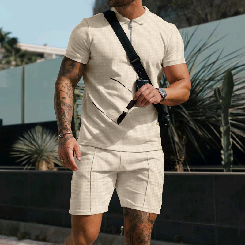 Alessandro Moretti | Textured Zip Polo Short Set For Men