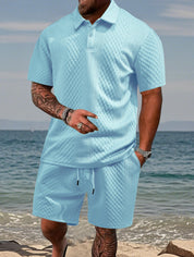 Luca Beaumont | Textured Polo Short Set For Men