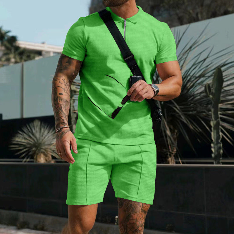 Alessandro Moretti | Textured Zip Polo Short Set For Men