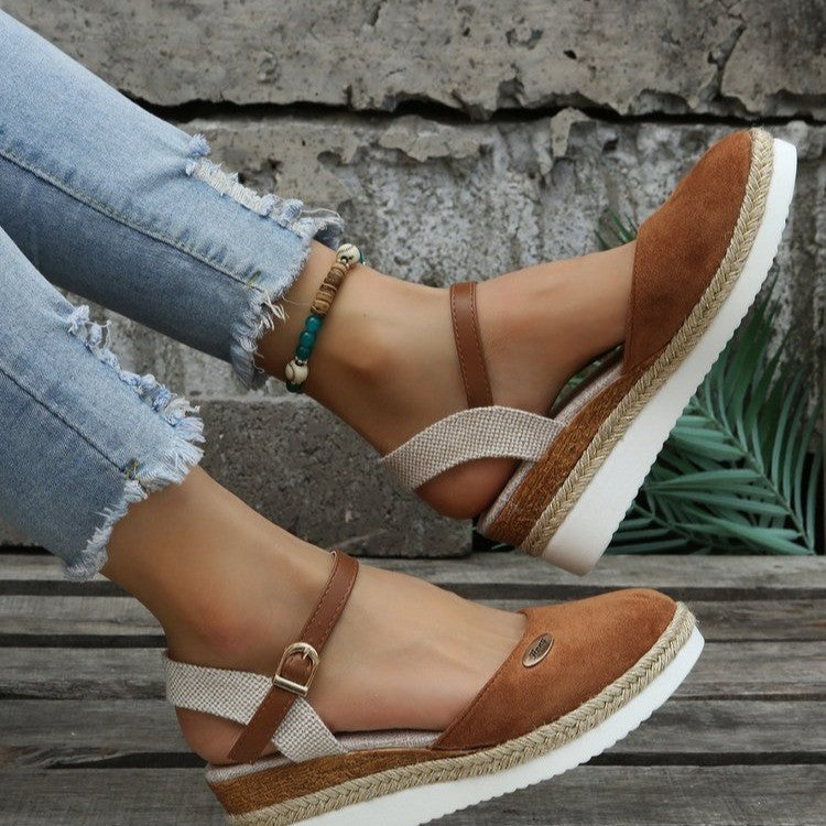 Estelle Marchand | Red Canvas Espadrille Wedge Sandals with Ankle Strap