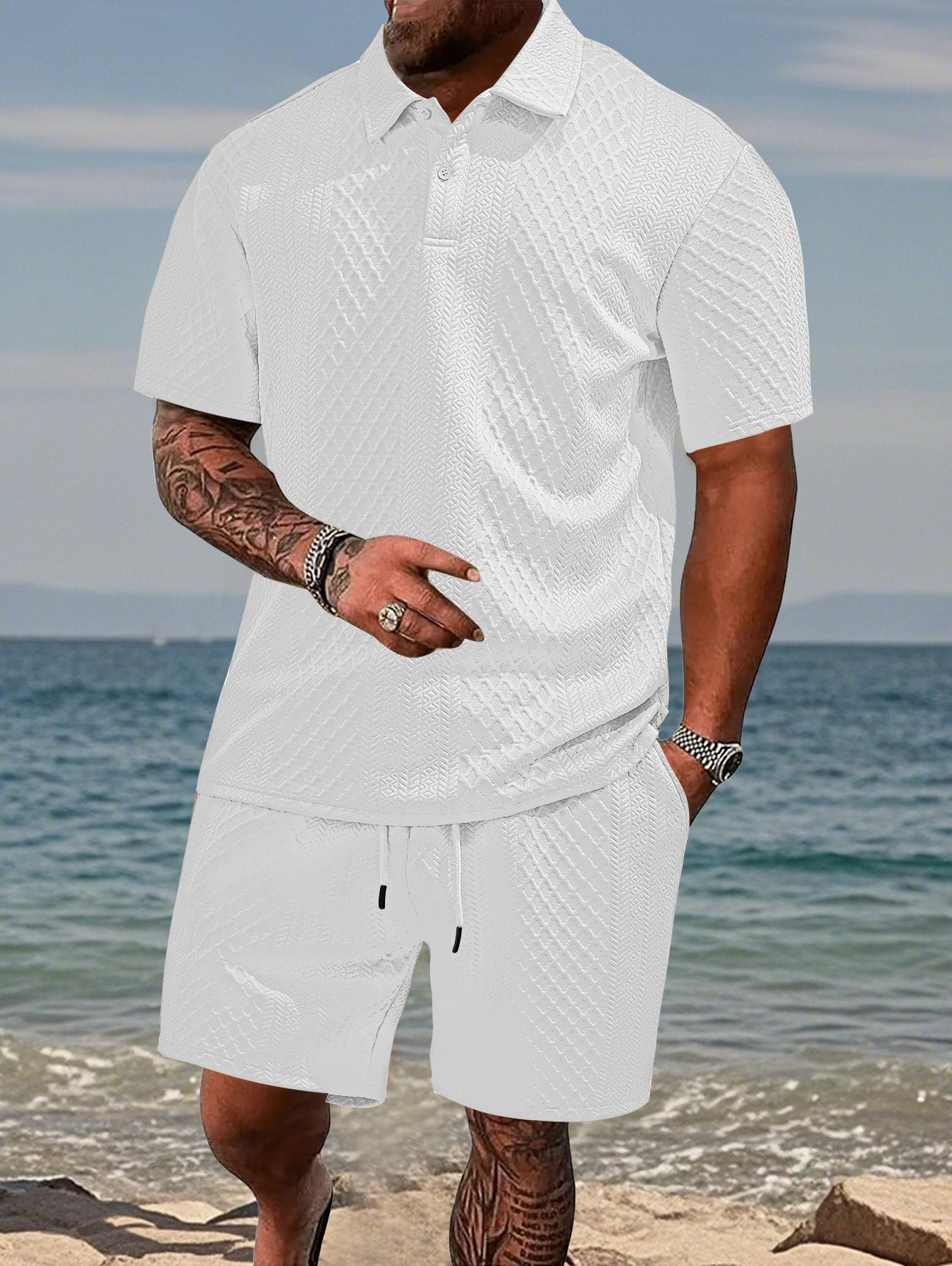 Luca Beaumont | Textured Polo Short Set For Men