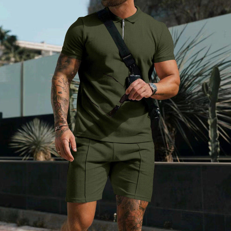 Alessandro Moretti | Textured Zip Polo Short Set For Men