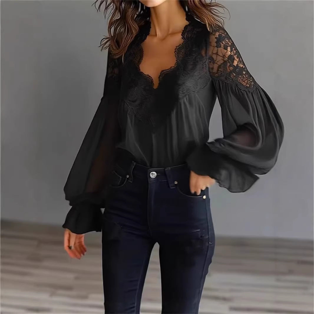 Anastasia Moretti | Elegant Lace V-Neck Blouse For Women