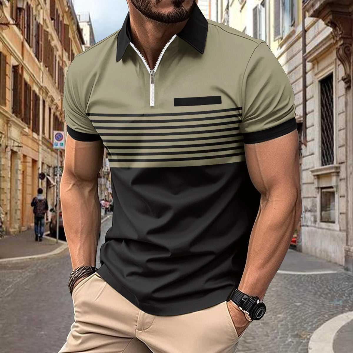 Giovanni Moretti | Striped Zip Polo Shirt For Men