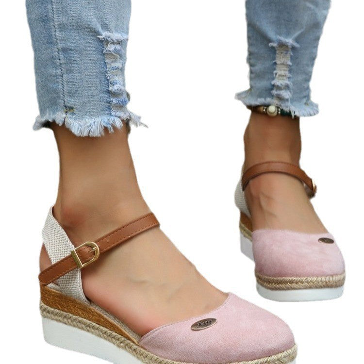 Estelle Marchand | Red Canvas Espadrille Wedge Sandals with Ankle Strap