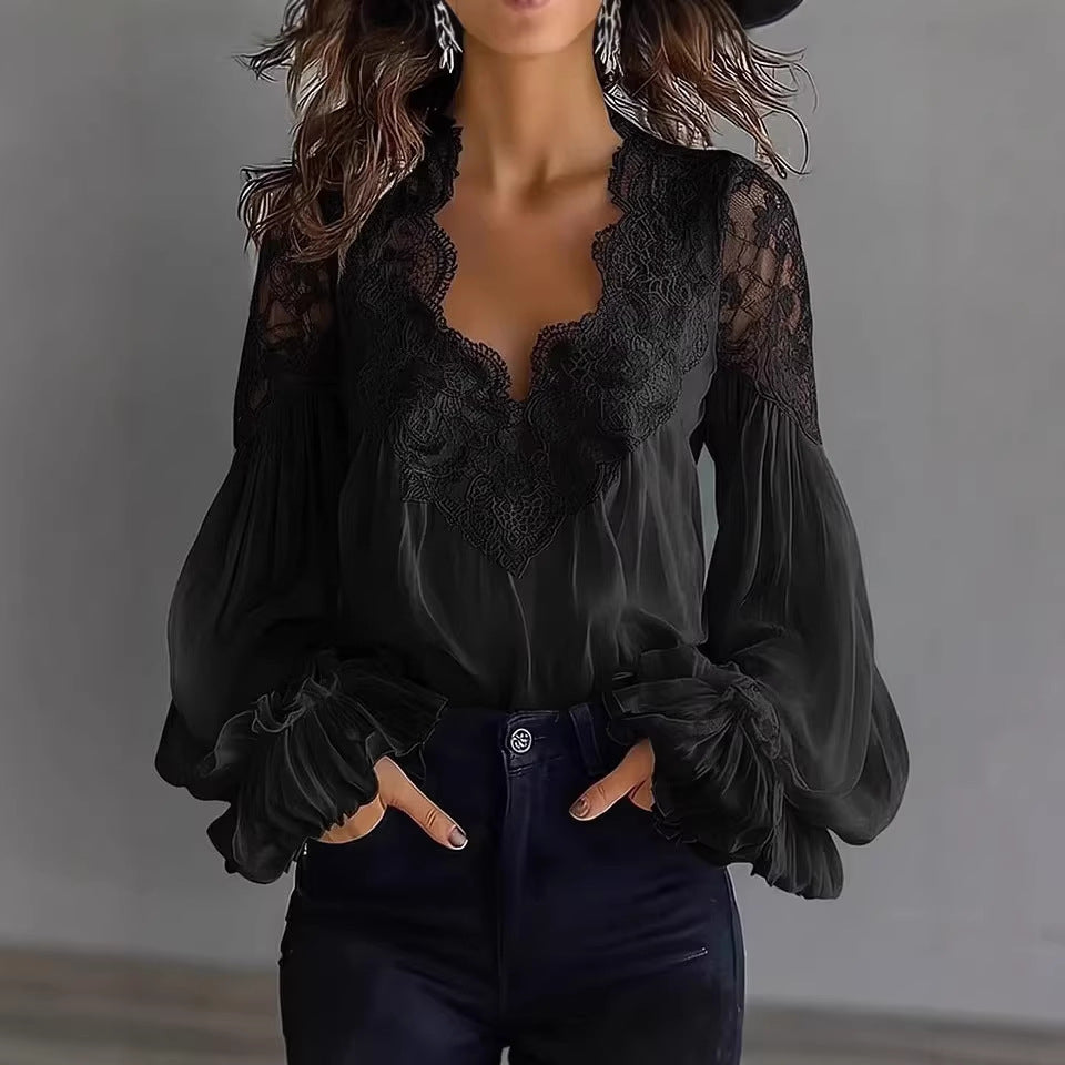 Anastasia Moretti | Elegant Lace V-Neck Blouse For Women