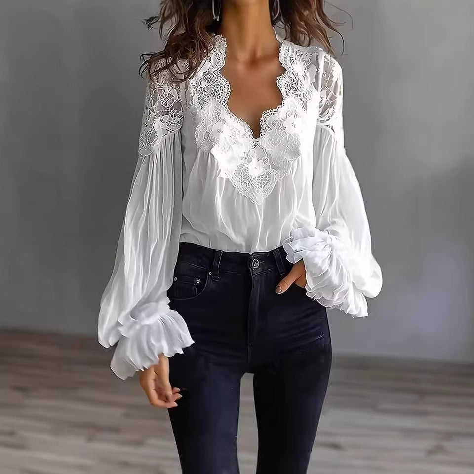 Anastasia Moretti | Elegant Lace V-Neck Blouse For Women