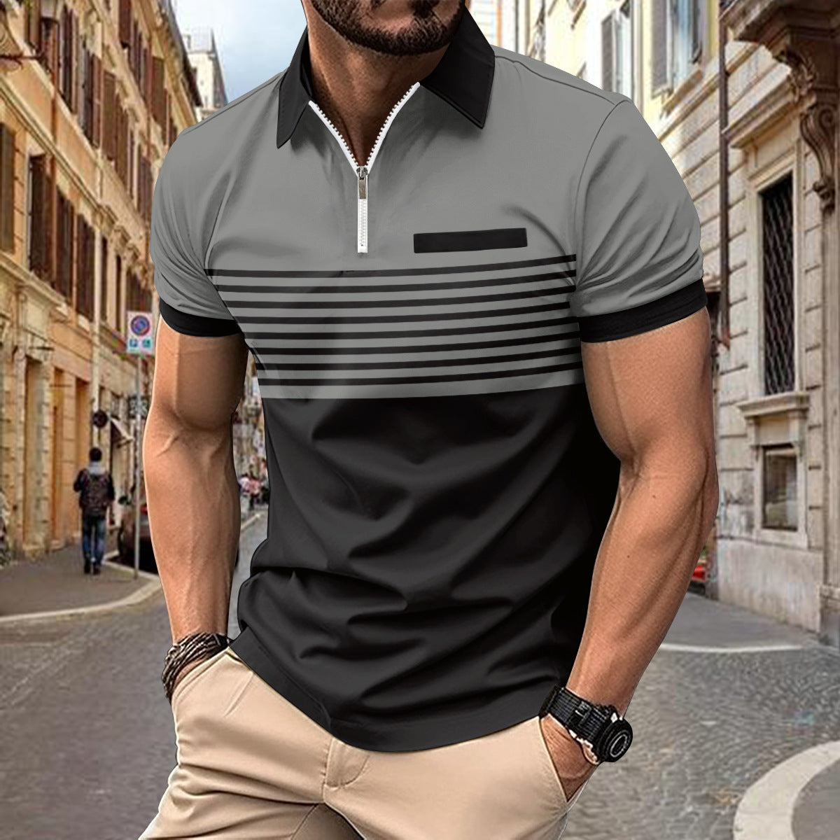 Giovanni Moretti | Striped Zip Polo Shirt For Men
