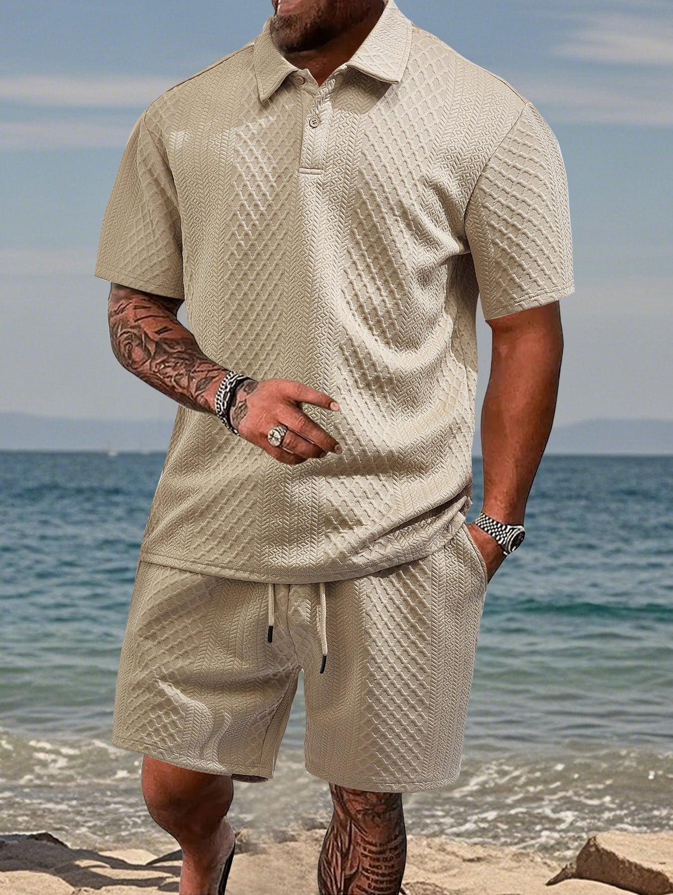 Luca Beaumont | Textured Polo Short Set For Men
