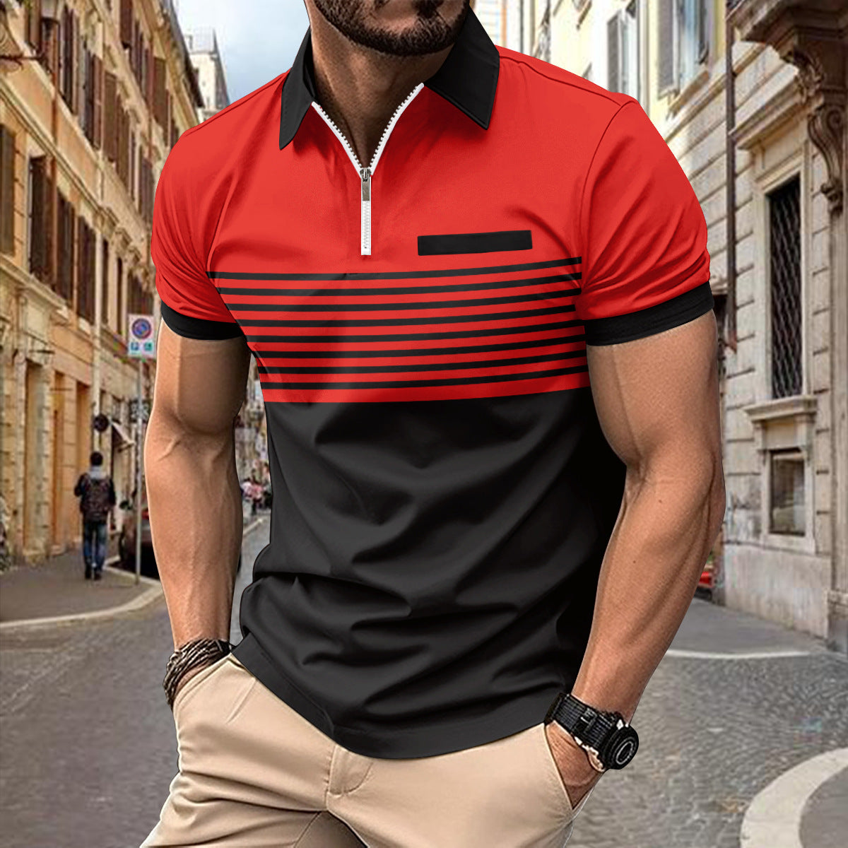 Giovanni Moretti | Striped Zip Polo Shirt For Men