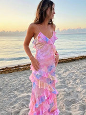 Seraphine Caldwell | Pink Ruffled Spaghetti Strap Maxi Dress