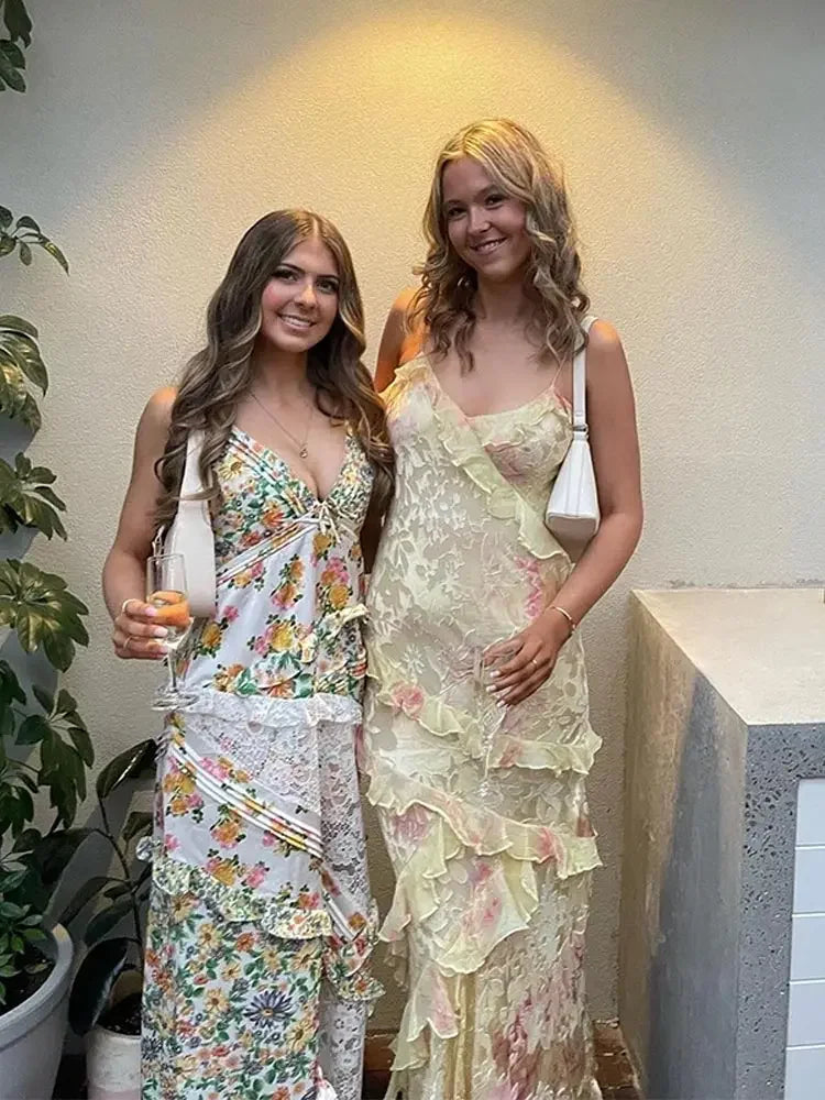 Seraphine Caldwell | Pink Ruffled Spaghetti Strap Maxi Dress