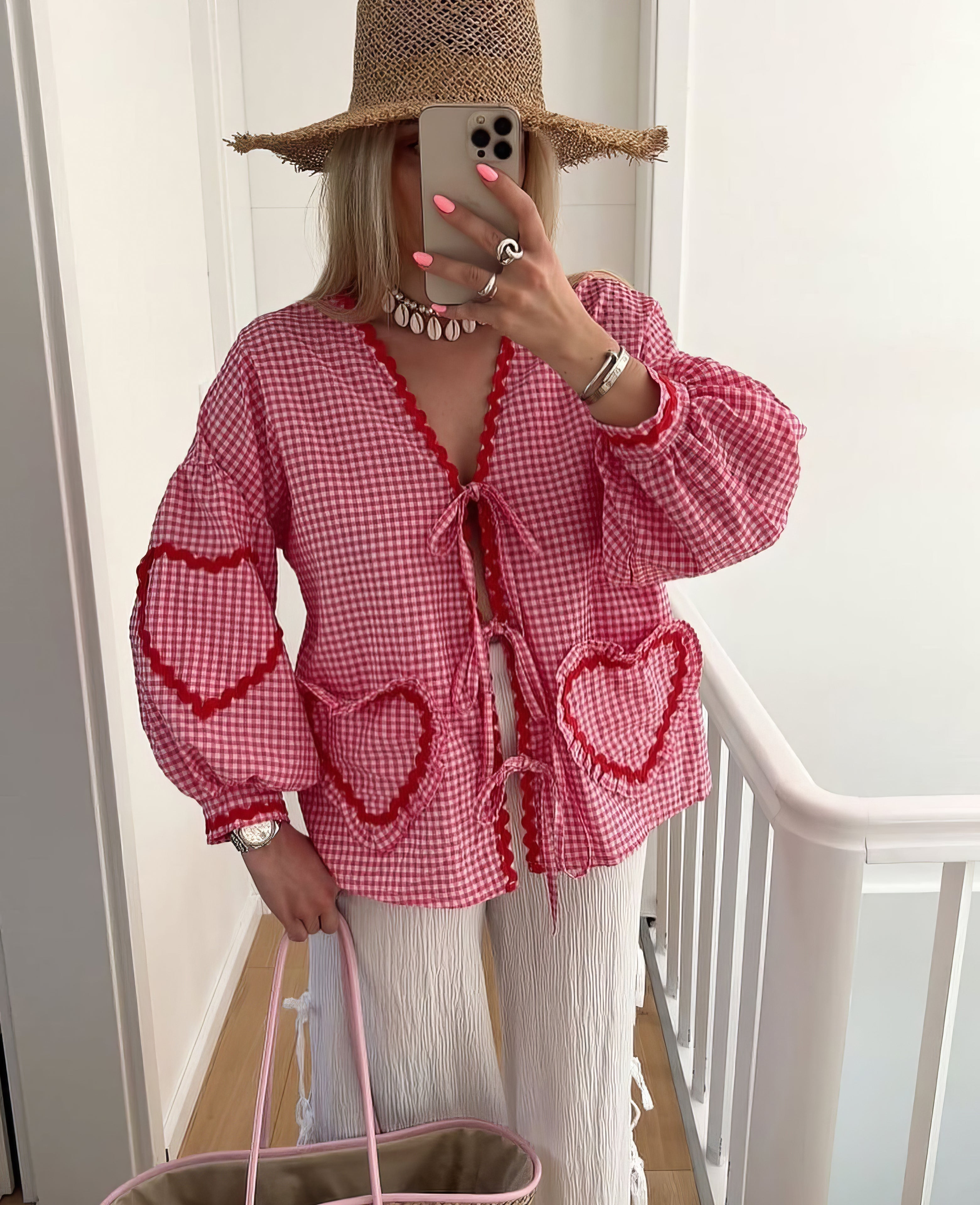 Lindsey Logan | Heart Detail Gingham Blouse For Women