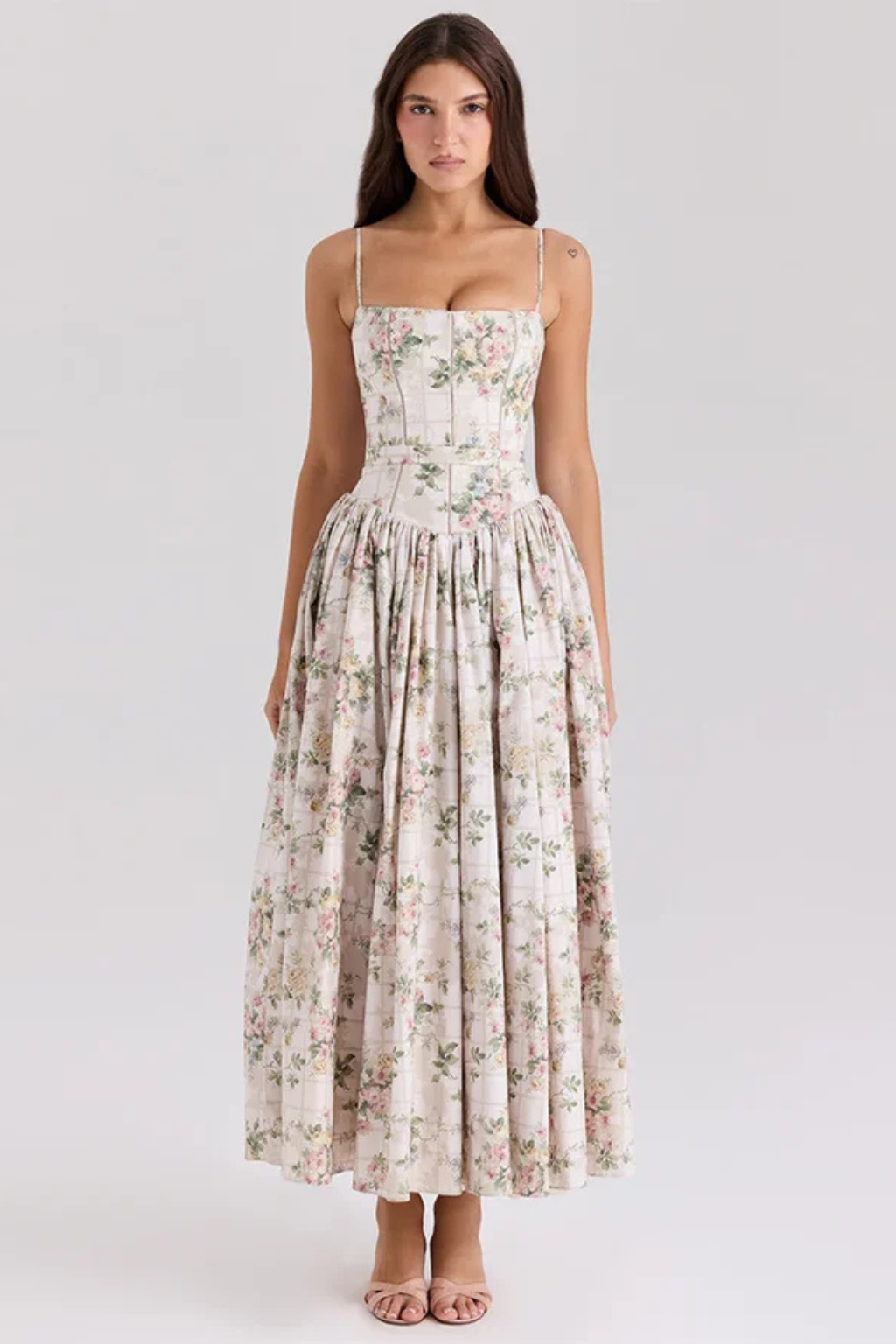 Elara Fontaine | White Floral Corset Midi Dress for Women