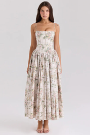 Elara Fontaine | White Floral Corset Midi Dress for Women