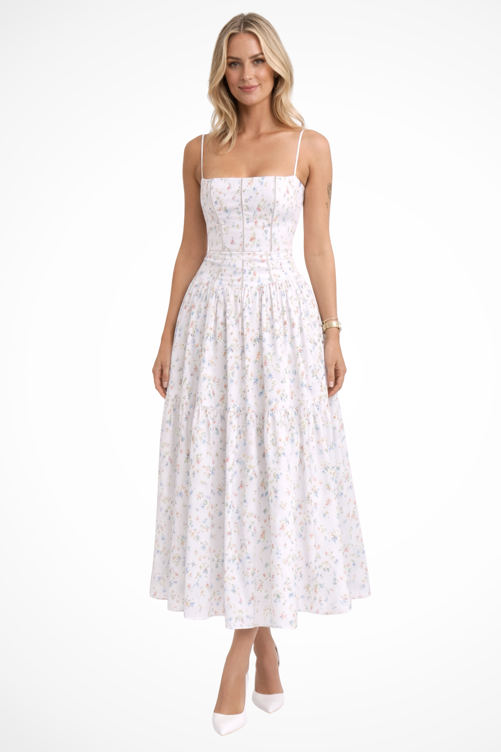 Elara Fontaine | White Floral Corset Midi Dress for Women