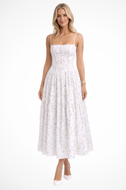 Elara Fontaine | White Floral Corset Midi Dress for Women