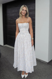 Elara Fontaine | White Floral Corset Midi Dress for Women