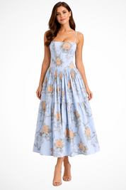 Elara Fontaine | White Floral Corset Midi Dress for Women