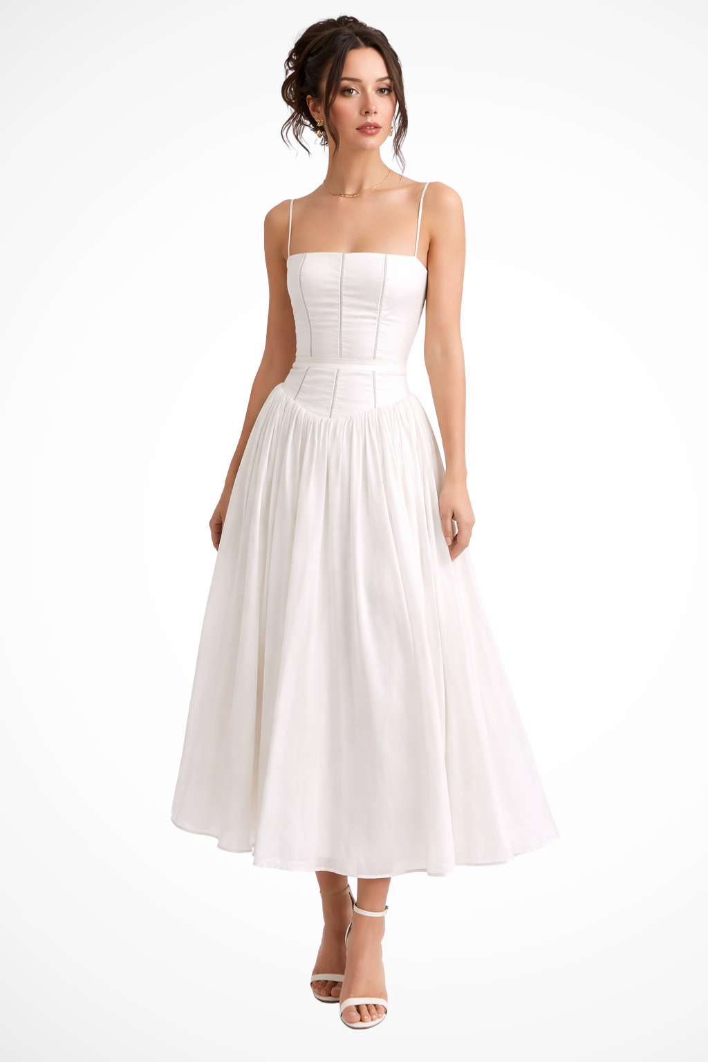 Elara Fontaine | White Floral Corset Midi Dress for Women