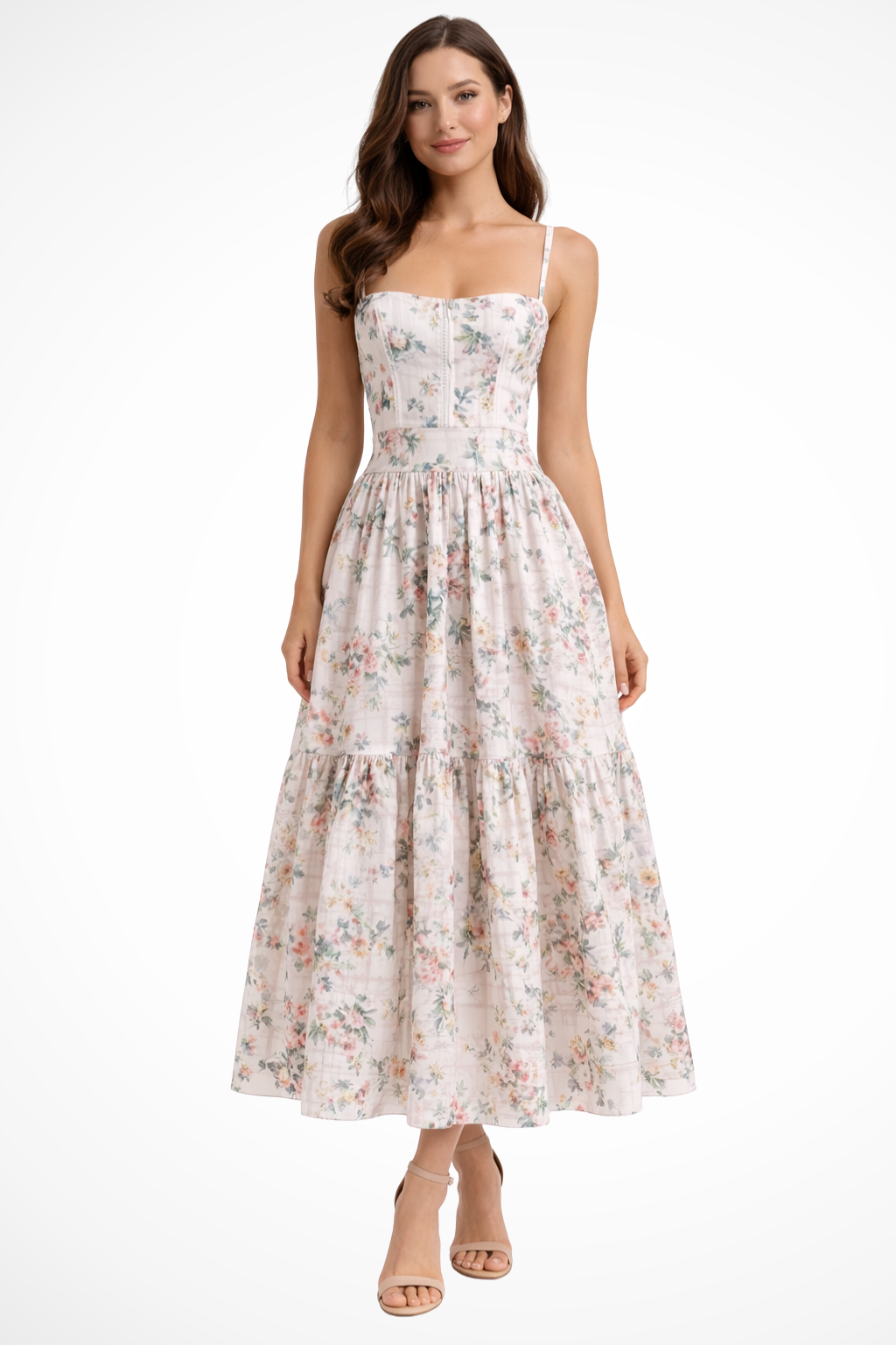 Elara Fontaine | White Floral Corset Midi Dress for Women