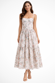 Elara Fontaine | White Floral Corset Midi Dress for Women