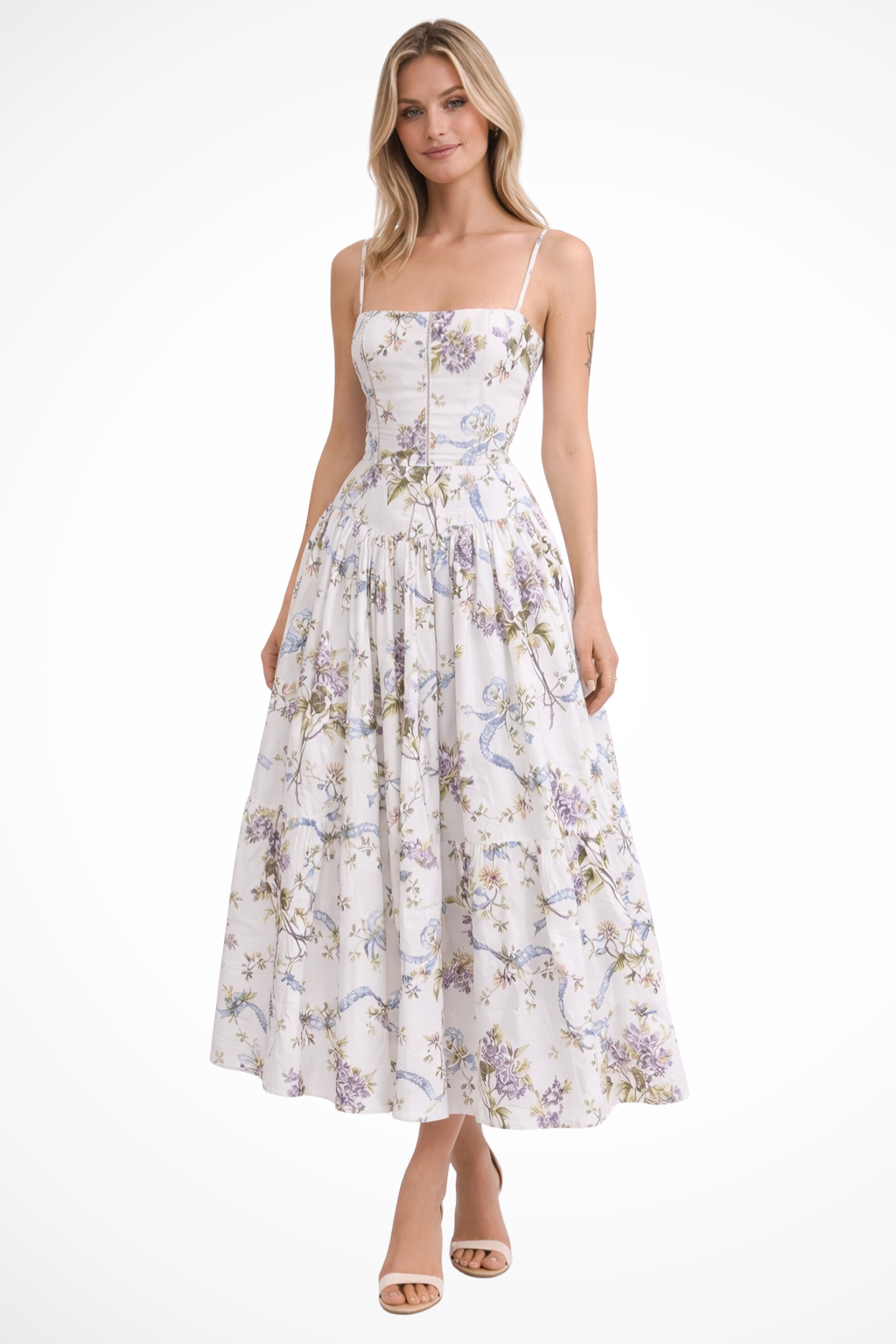 Elara Fontaine | White Floral Corset Midi Dress for Women