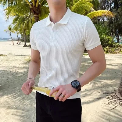 Adriano Bellucci | Ribbed Knit Polo Shirt For Men