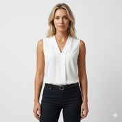 Claudine Beauvais | White Sleeveless Pleated V-Neck Blouse