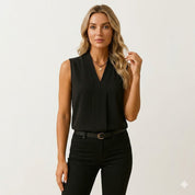 Claudine Beauvais | White Sleeveless Pleated V-Neck Blouse