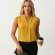 Claudine Beauvais | White Sleeveless Pleated V-Neck Blouse