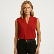 Claudine Beauvais | White Sleeveless Pleated V-Neck Blouse