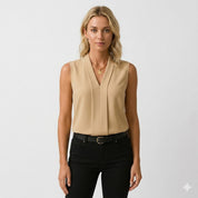 Claudine Beauvais | White Sleeveless Pleated V-Neck Blouse