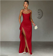 Sophia Bellucci | Black Satin Maxi Dress with Thigh-High Slit