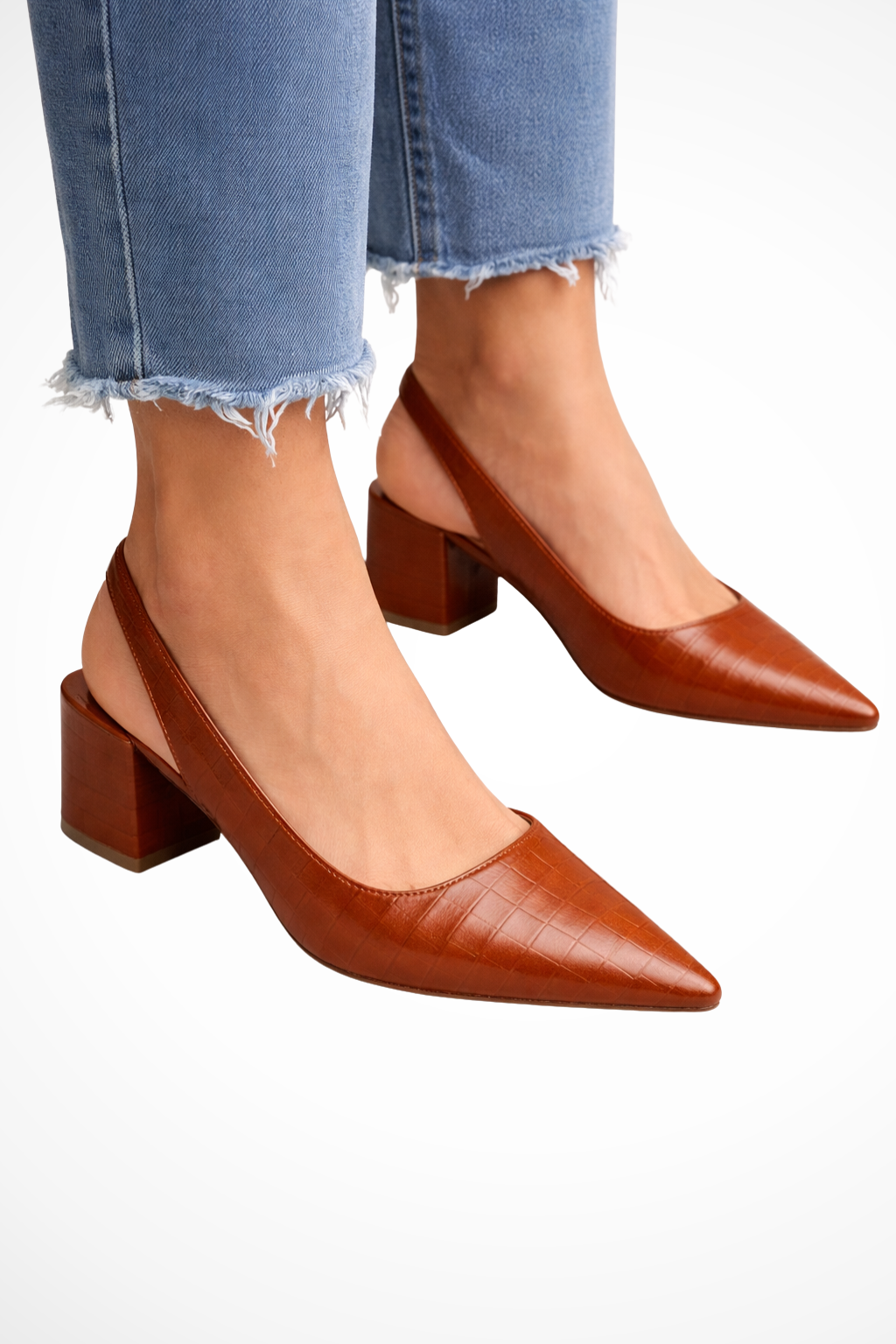 Rosalinde Fairmont | Tan Croc-Effect Slingback Block Heels