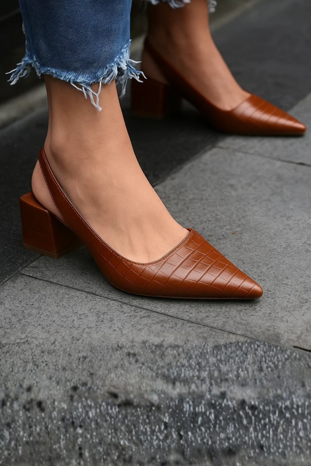 Rosalinde Fairmont | Tan Croc-Effect Slingback Block Heels
