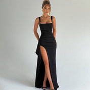Seraphine Delacourt | Black Square Neck Maxi Dress with Thigh Slit