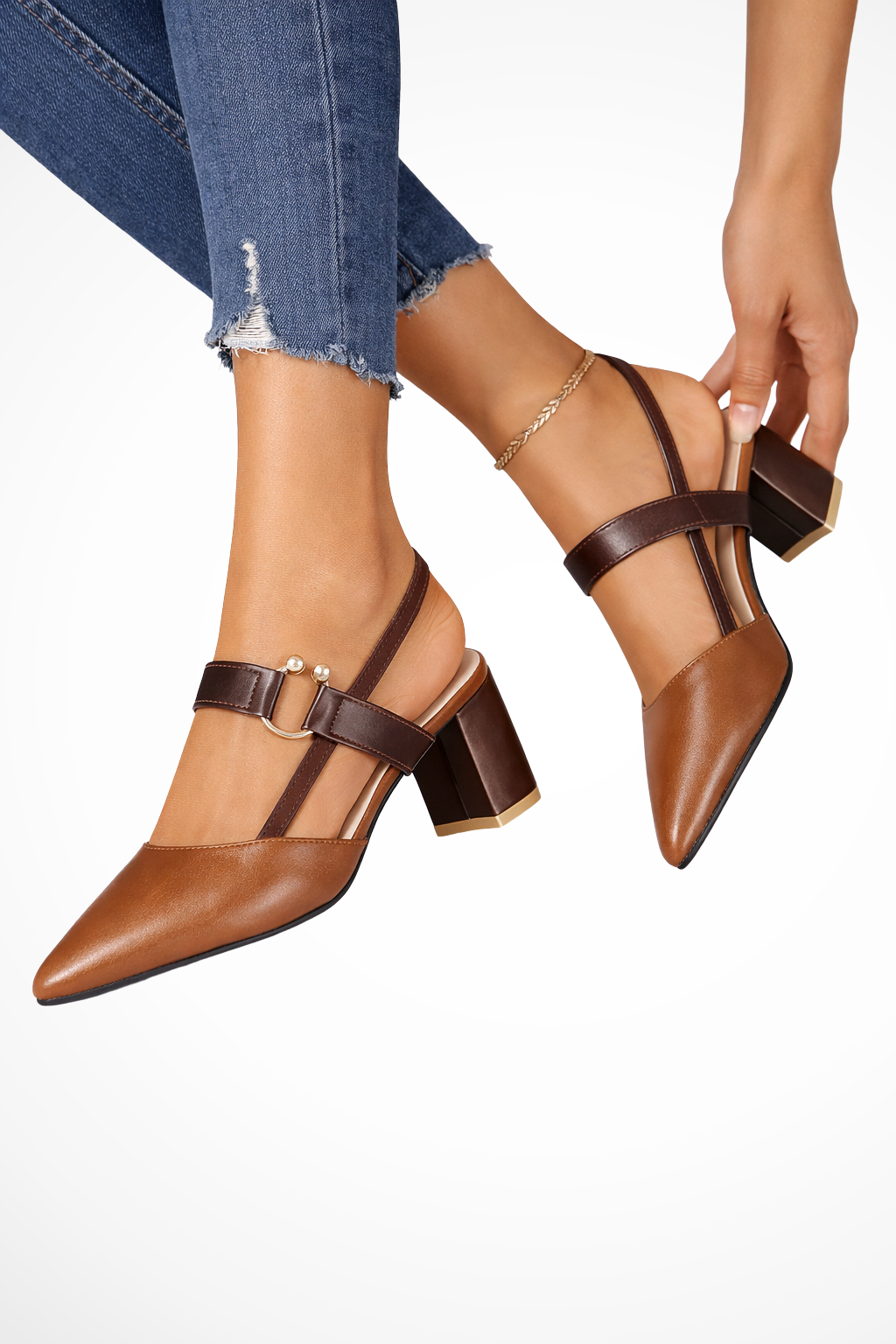 Isabeau Renfield | Tan Block Heel Slingback Pointed Toe Heels
