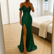 Seraphina Voclaire | Black Sequin Maxi Dress with Thigh Slit