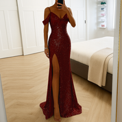 Seraphina Voclaire | Black Sequin Maxi Dress with Thigh Slit