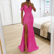 Seraphina Voclaire | Black Sequin Maxi Dress with Thigh Slit