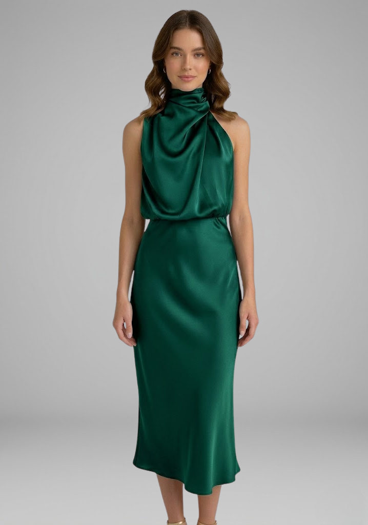Celeste Marconi | Satin High Neck Midi Dress For Women