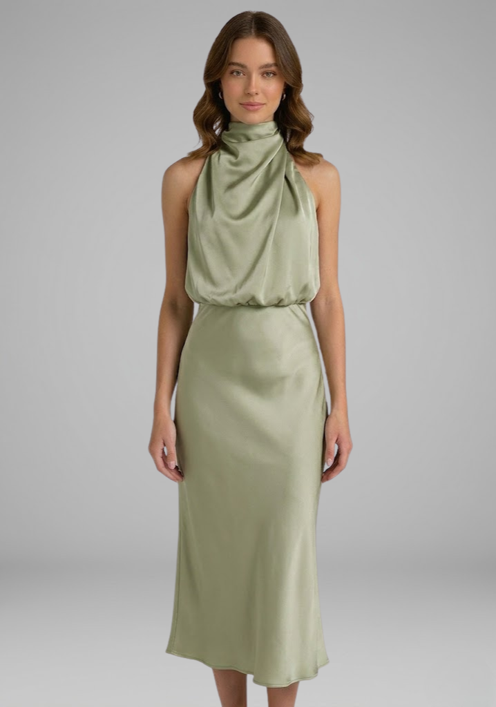 Celeste Marconi | Satin High Neck Midi Dress For Women