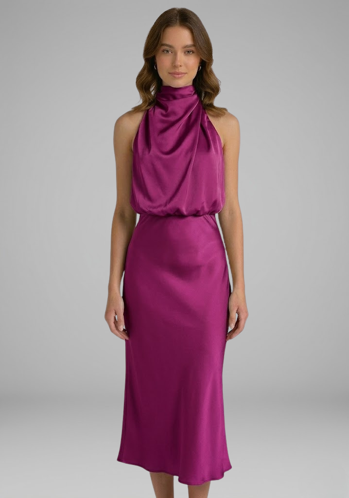 Celeste Marconi | Satin High Neck Midi Dress For Women