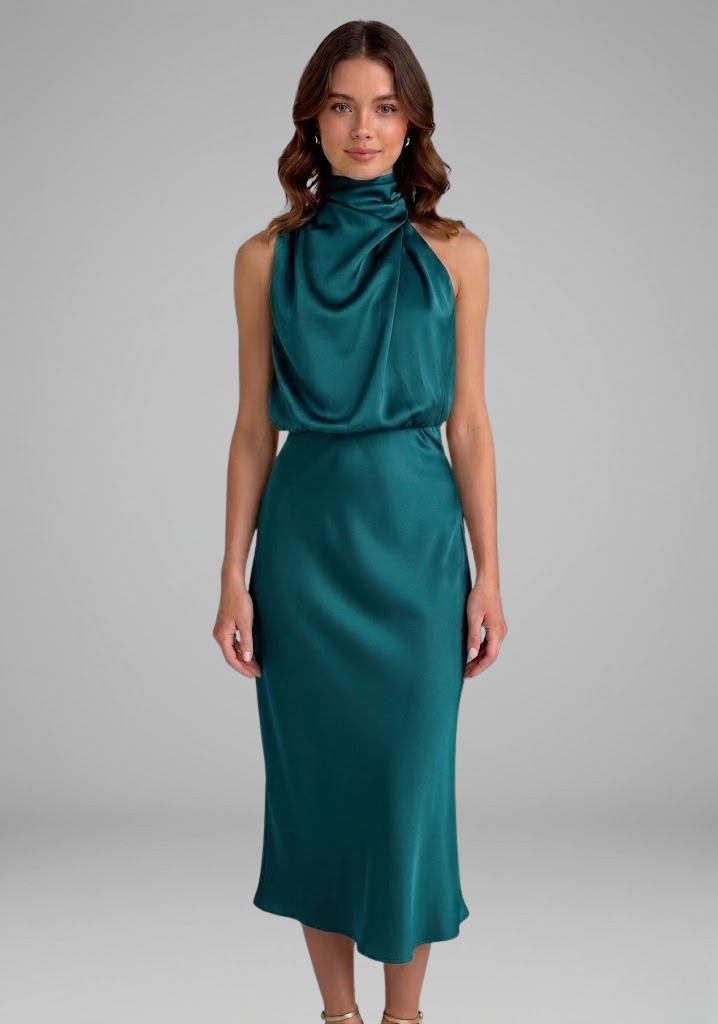 Celeste Marconi | Satin High Neck Midi Dress For Women