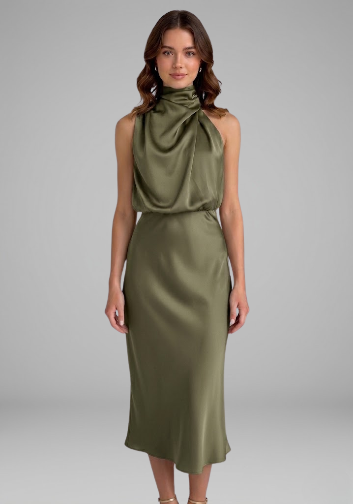 Celeste Marconi | Satin High Neck Midi Dress For Women