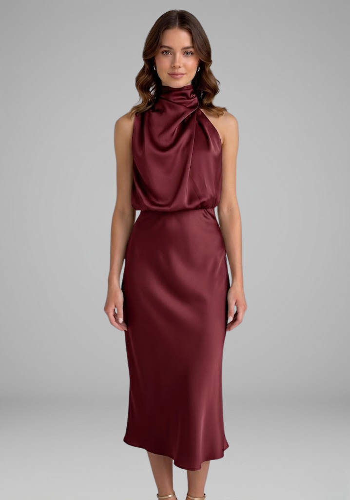 Celeste Marconi | Satin High Neck Midi Dress For Women